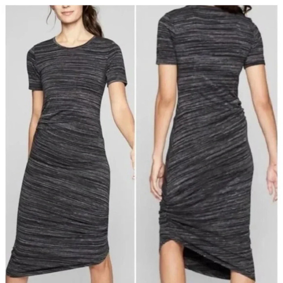Athleta Downtown Dress XS - Gray & Black Striped with Ruched Side Waist - Picture 1 of 9